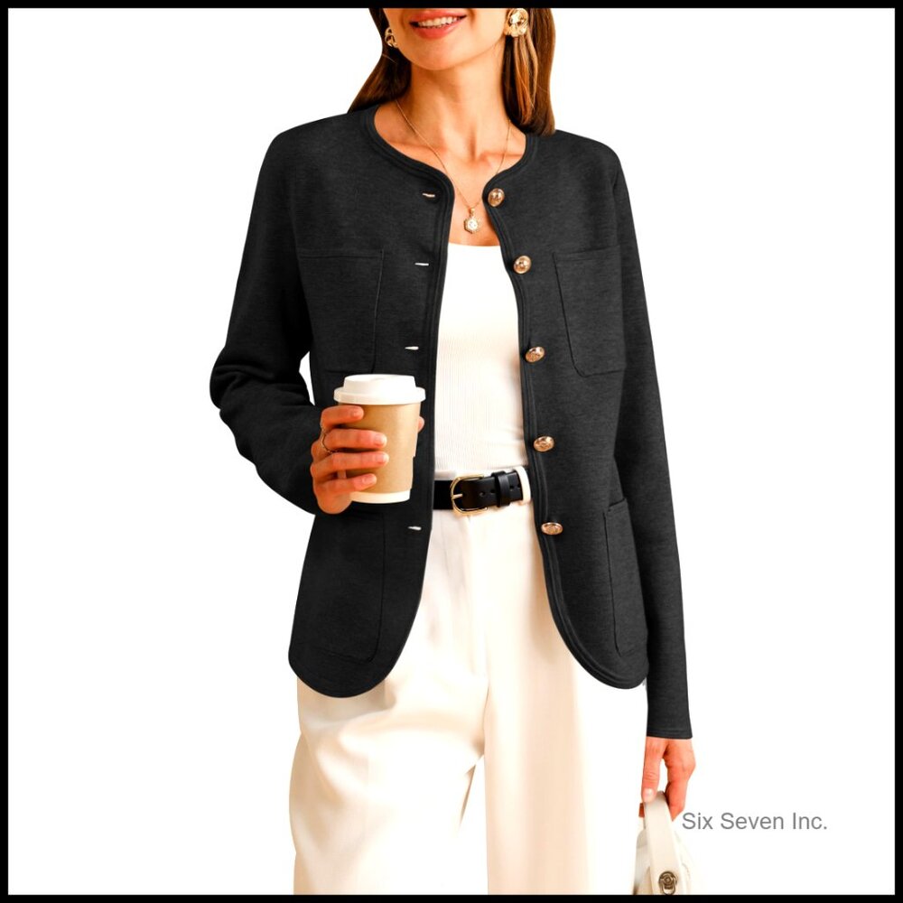 Wool Blend Blazer with Pockets Business Casual Jacket